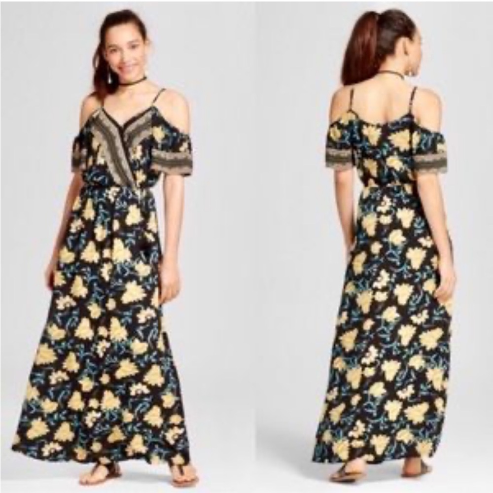 Xhilaration Black and Yellow Floral Maxi Dress